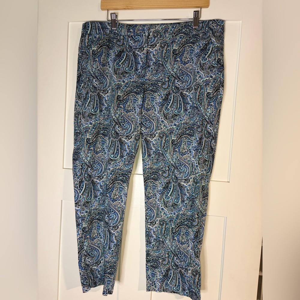 Talbots Modern Ankle Pants Womens 16 Blue‎ White Paisley Cotton Stretch Trousers